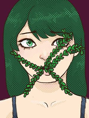 anime style girl with green hair and leaves coming out of her hair