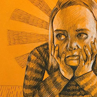 self portrait of woman staring at ghost figure in corner of image, on orange paper