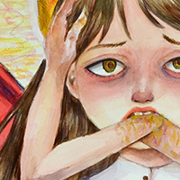 portrait of young woman with hands coming out of her mouth and with a halo, looking distressed in watercolor, colored pencil, and gold acrylic paint