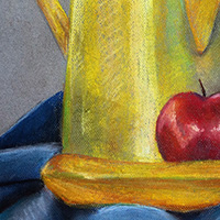 kettle, banana and apple on blue fabric, still life in pastel
