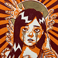 print of a woman looking distressed at the viewer, with disembodied hands climbing up her, and with a halo